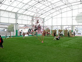 高さ6mもある綱登り遊具「ザイルクライミング」や壁登りができる「クリグクライマー」が大人気。ハイブリッドターフPGだから安全です。